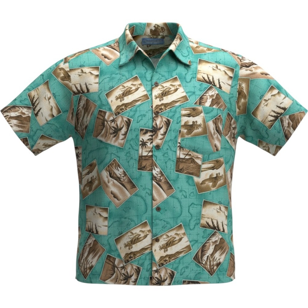 Bermuda Bay Mens XXL Silk Hawaiian Shirt Teal Green Biplane Postcard Print Y2K